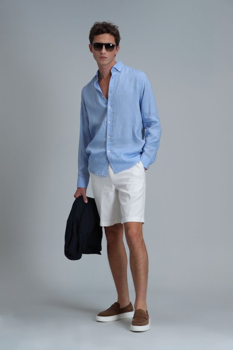 Pitaya Erkek Keten Gömlek Comfort Fit Mavi - Lufian (1)