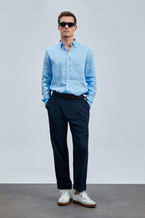 Pitaya Erkek Keten Gömlek Comfort Fit Mavi - Lufian