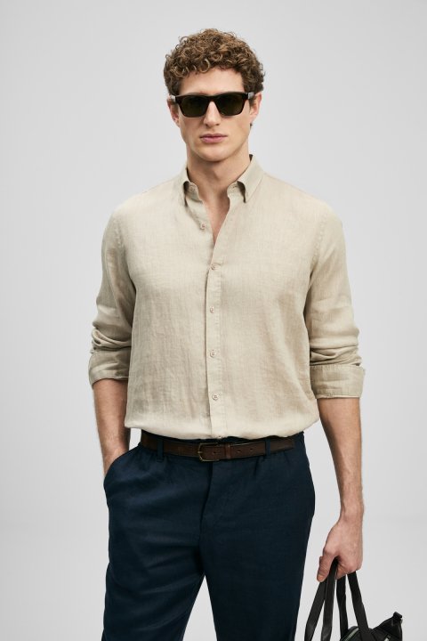 Mens Linen Shirt Comfort Fit Beıge - Lufian