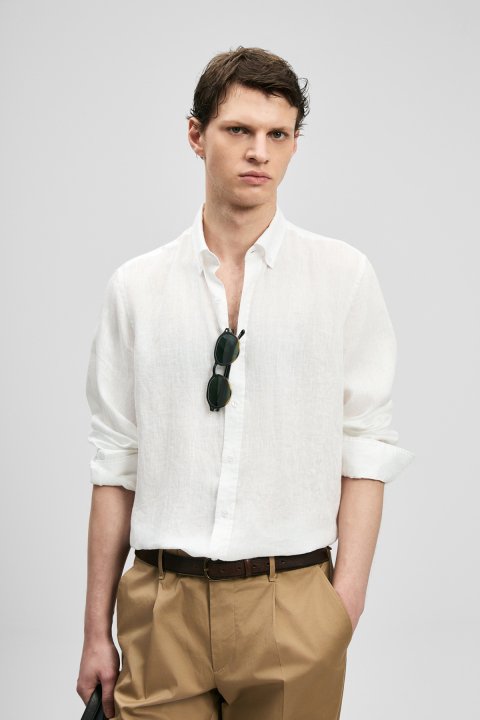 Mens Linen Shirt Comfort Fit Whıte - Lufian