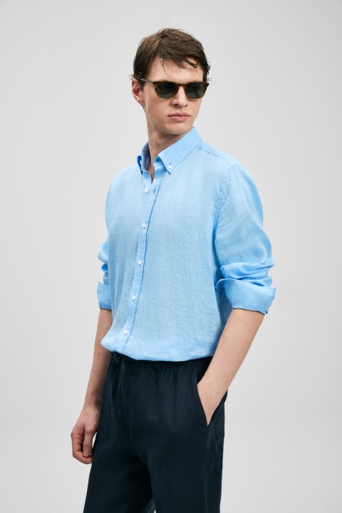 Mens Linen Shirt Comfort Fit Blue - Lufian
