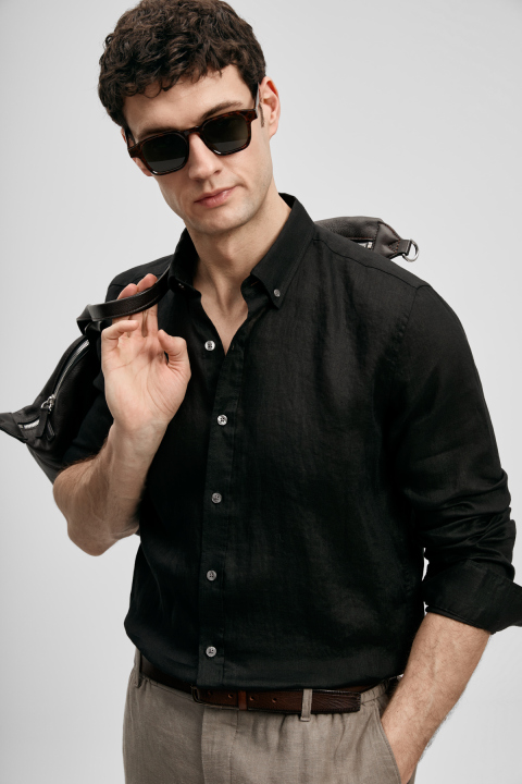 Mens Linen Shirt Comfort Fit Black - Lufian