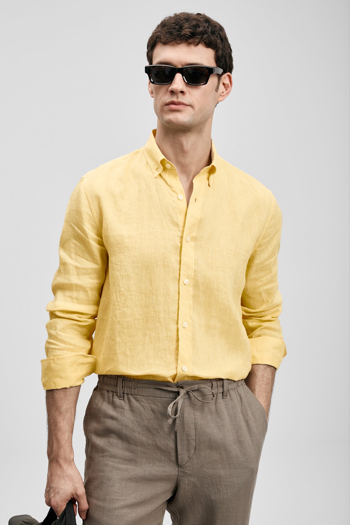 Mens Linen Shirt Comfort Fit Yellow - Lufian