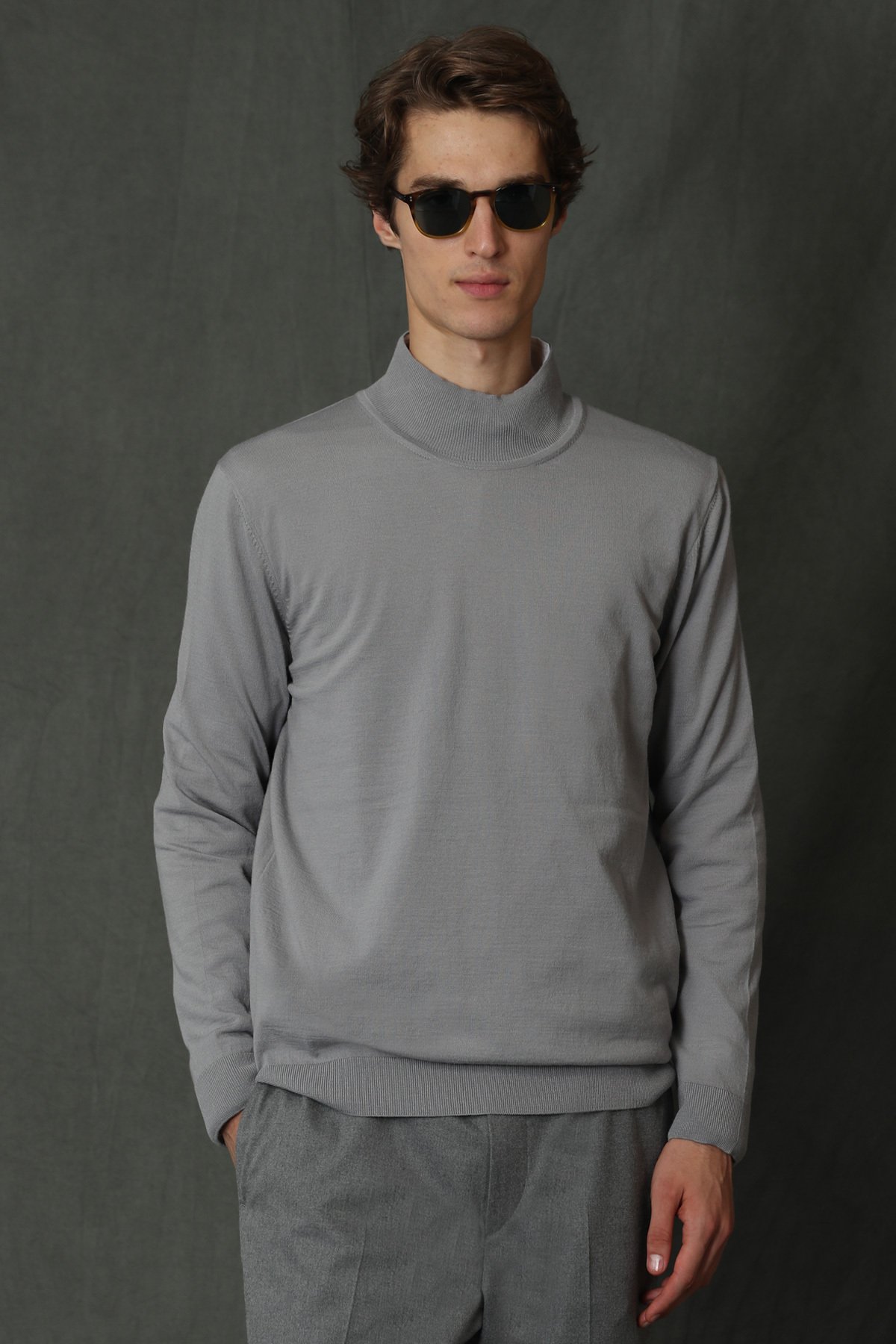 Poınt Half Fisherman Mens Sweater Lıght Grey - Lufian