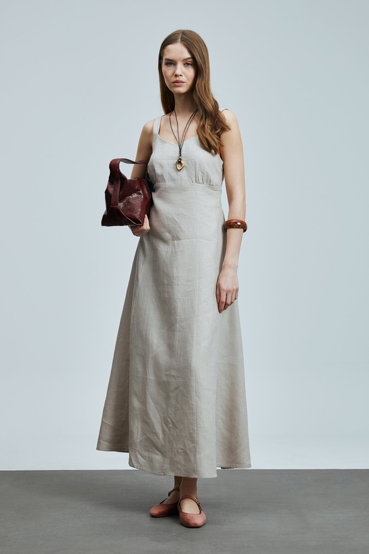 Selene Kadın Askılı Keten Elbise Bej - Lufian