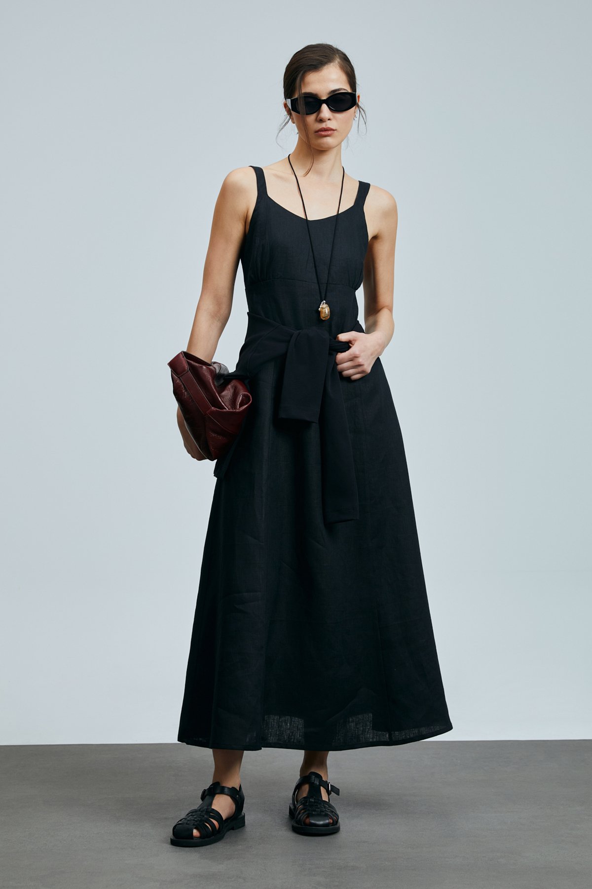 Selene Kadın Askılı Keten Elbise Siyah - Lufian