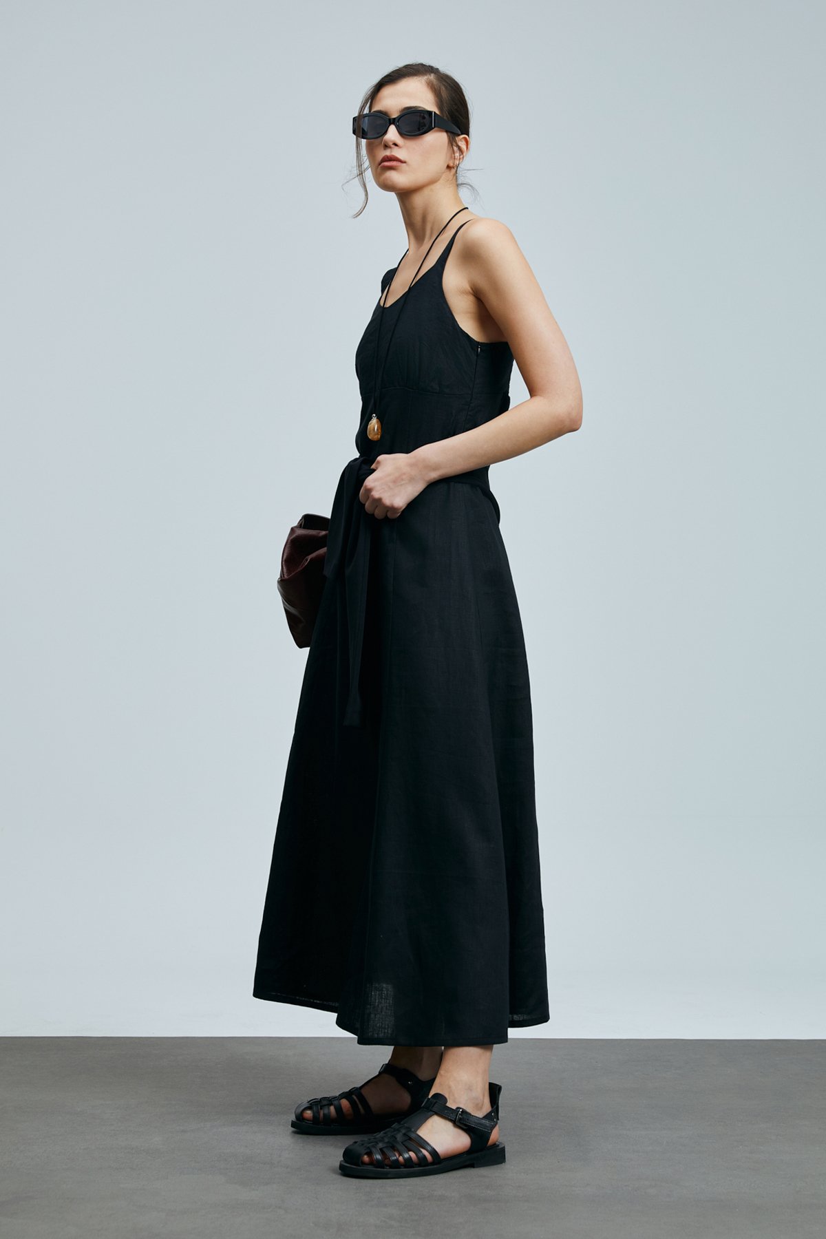 Selene Kadın Askılı Keten Elbise Siyah - Lufian (1)